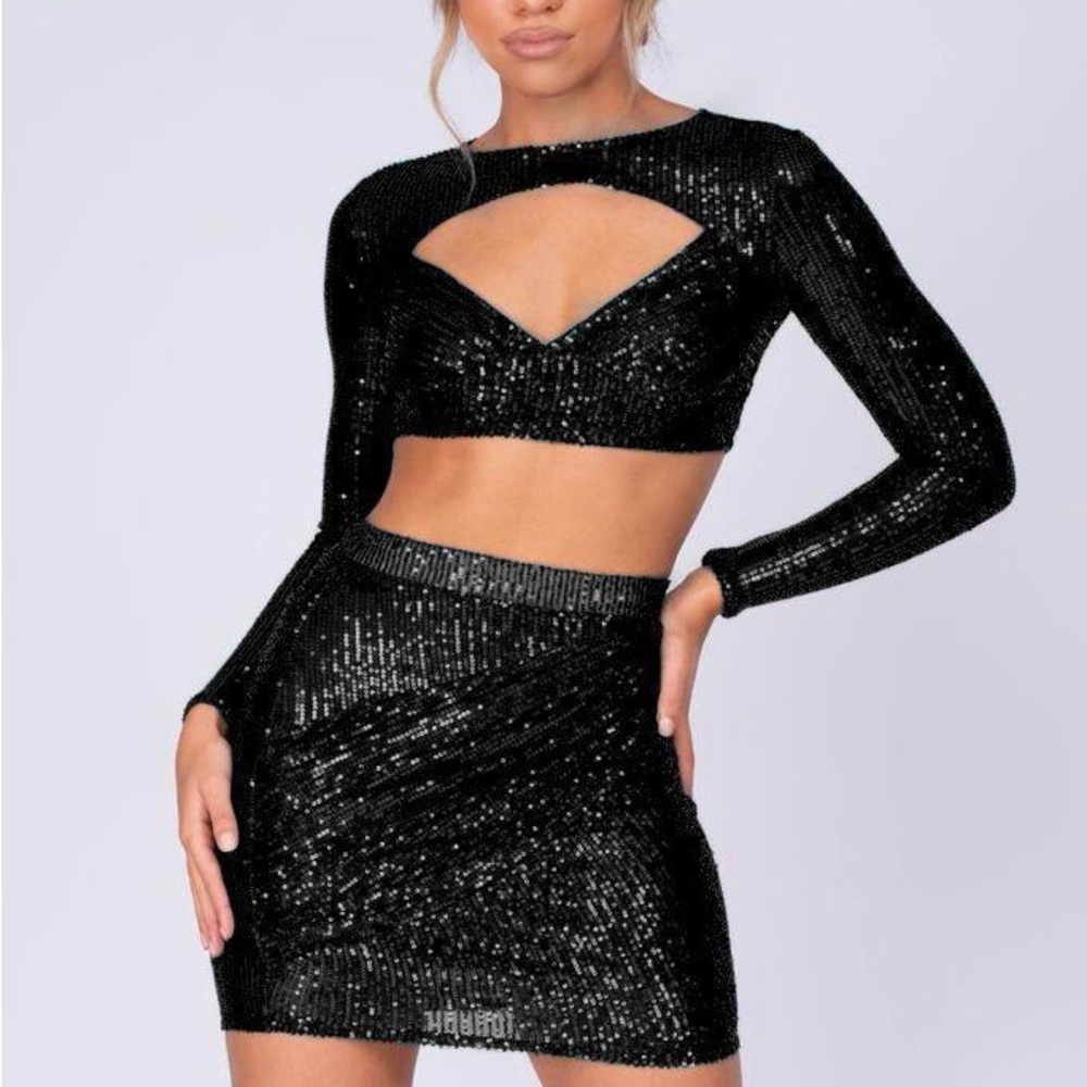 Elegant Black Sequin Skirt Set